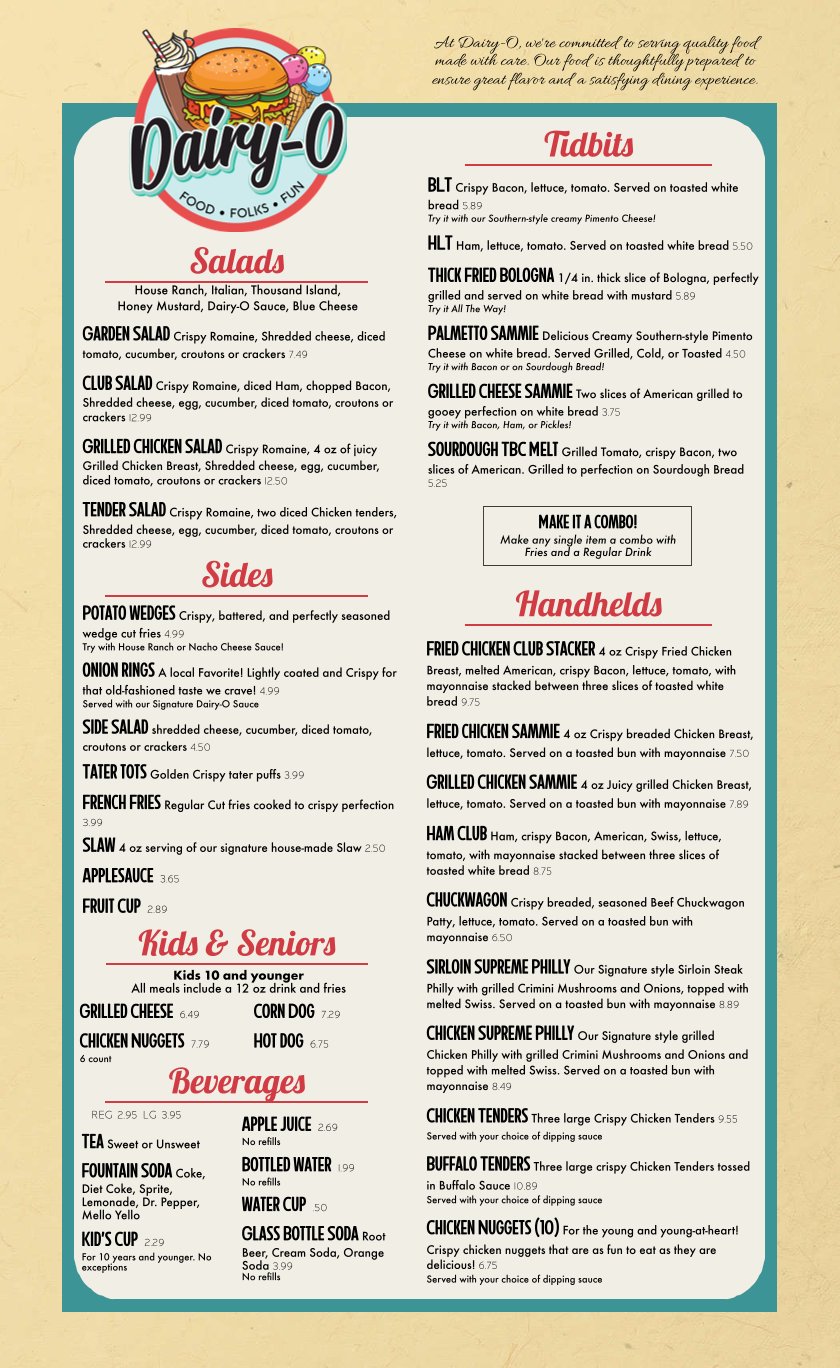 Menu-style food photo with burgers and sweet treats.